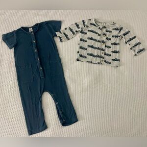 Kate Quinn Button Romper and Blue Truck Cardigan